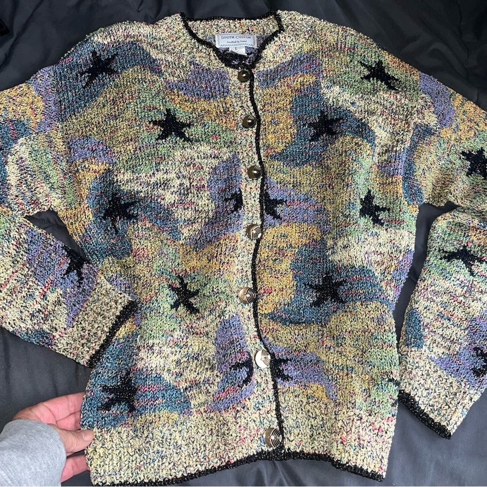 Vintage 90’s South Cotton Hand Knit Cardigan Sweater Heavy Multi Color Knit - Picture 4 of 12